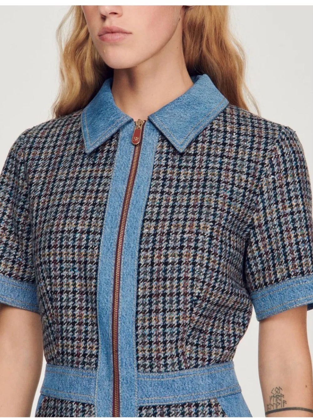 NWT! Sandro Denim Trim Plaid Mini Dress